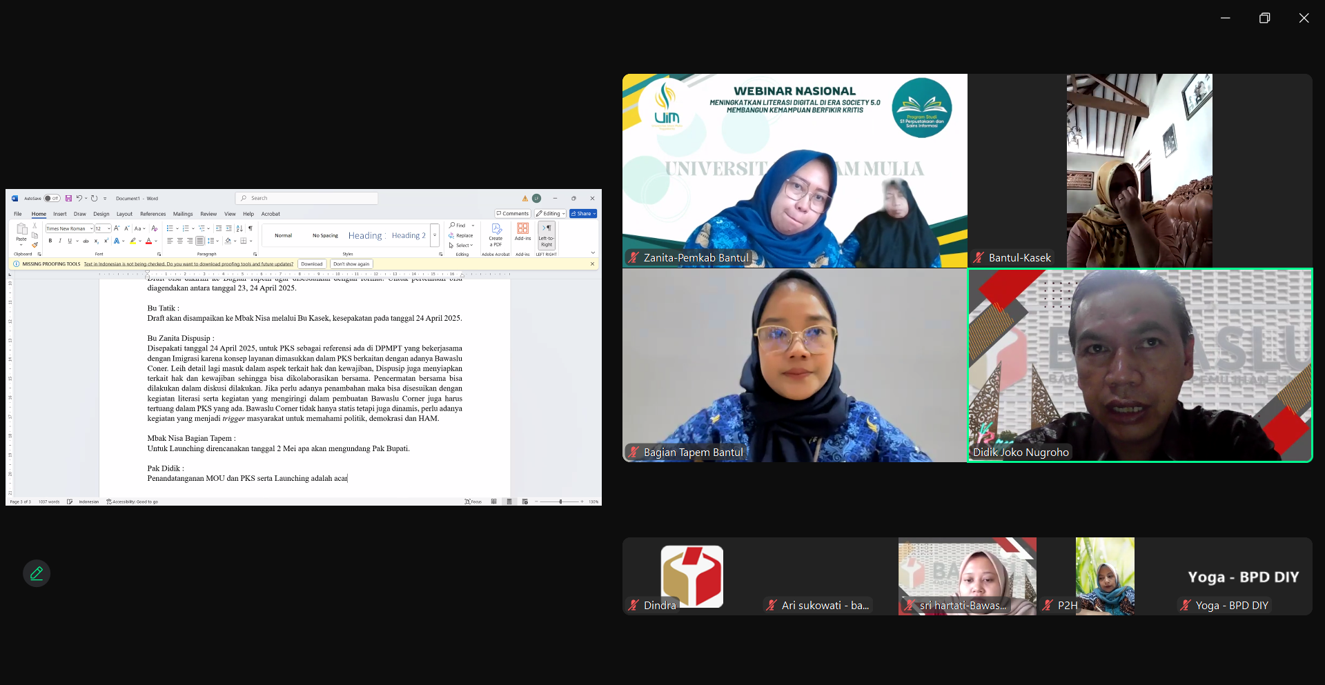 Rapat Kordinasi Persiapan Pembuatan Bawaslu Corner dilaksanakan secara daring/zoom meeting
