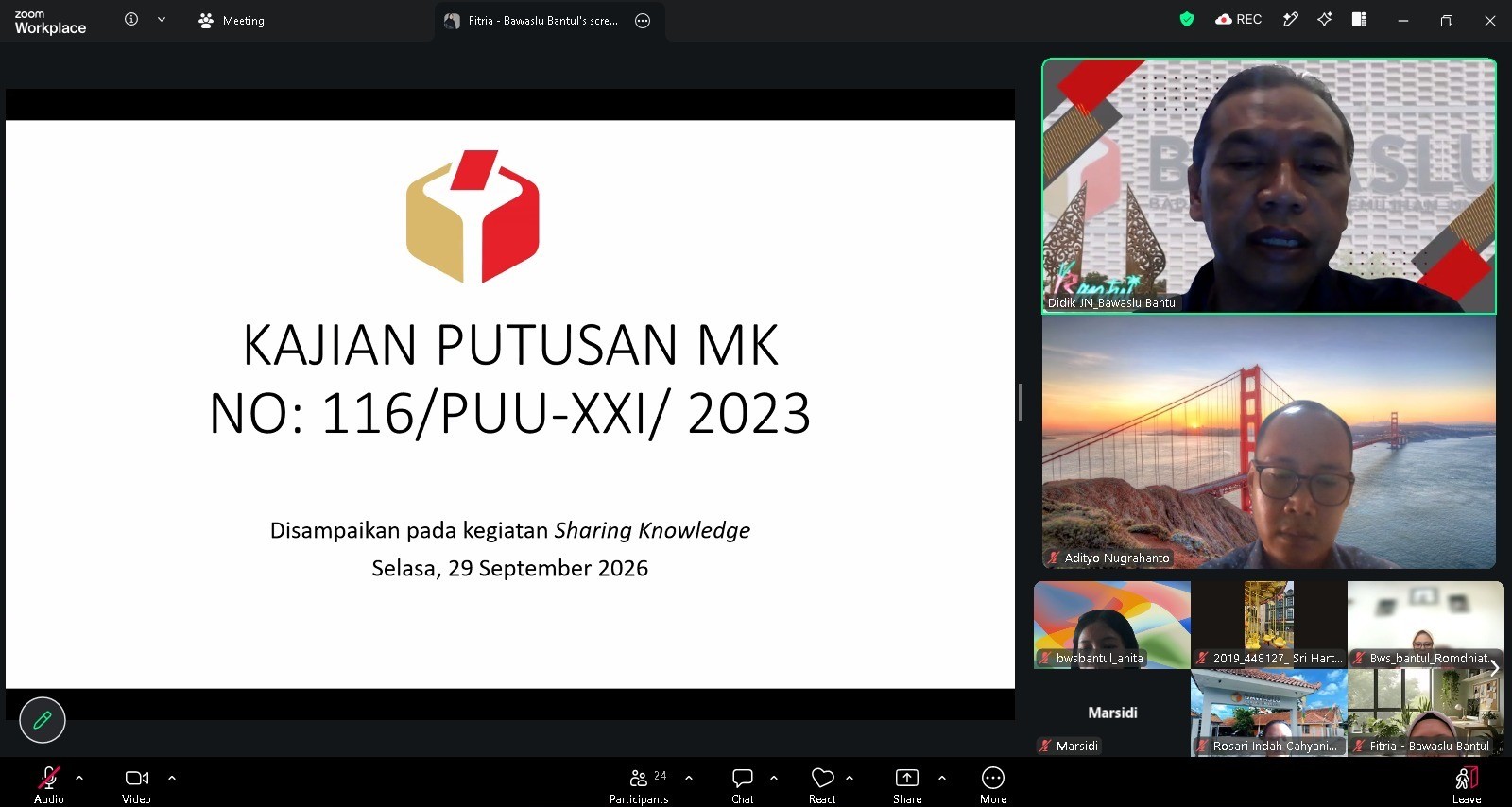 Kegiatan Sharing Knowledge dilaksanakan secara daring dengan tema “Kajian Putusan Mahkamah Konstitusi Nomor 116/PUU-XXI/2023 tentang Ambang Batas Parlemen”, Selasa (29/9/2026)