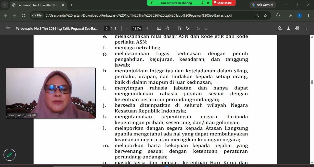 Bawaslu Kabupaten Bantul menyelenggarakan kegiatan Internalisasi Peraturan Bawaslu (Perbawaslu) Nomor 1 Tahun 2026 tentang Tata Tertib Pegawai di Lingkungan Bawaslu, Jumat (23/10/2026).