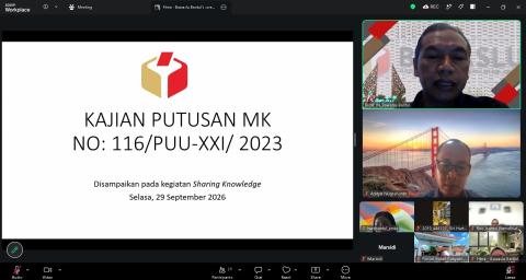 Kegiatan Sharing Knowledge dilaksanakan secara daring dengan tema “Kajian Putusan Mahkamah Konstitusi Nomor 116/PUU-XXI/2023 tentang Ambang Batas Parlemen”, Selasa (29/9/2026)